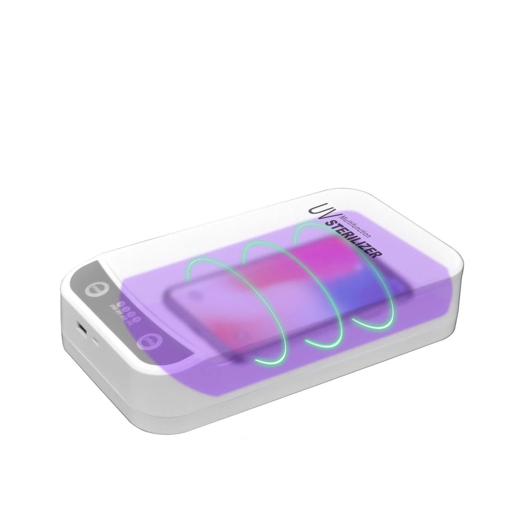 White UV disinfection box with internal compartment for mobile phones up to 6.5 inches