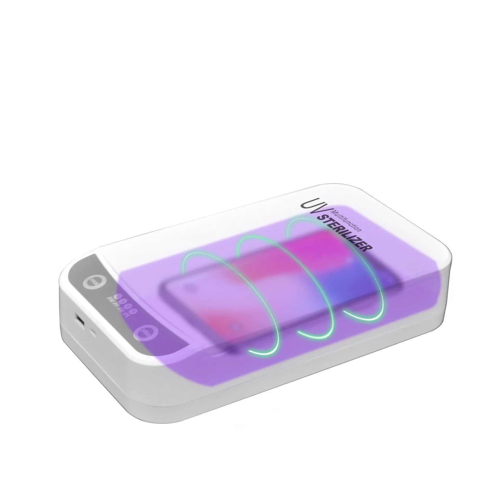 White UV disinfection box with internal compartment for mobile phones up to 6.5 inches