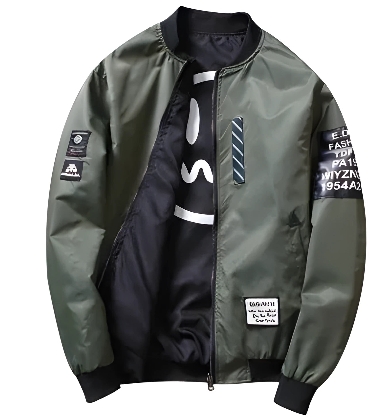 A man's reversible casual flight jacket in a striped pattern with a zip front, shown in multiple colours.
