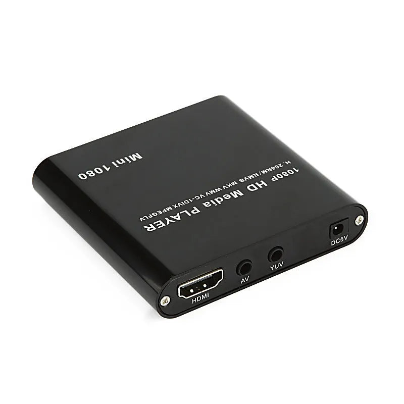 Compact blue or black all-metal 1080p Full HD media player with remote control