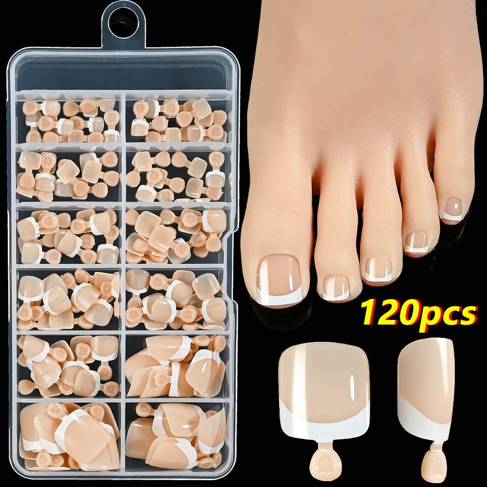 120 piece French white edge false toe nails in nude colours, full square short shape.