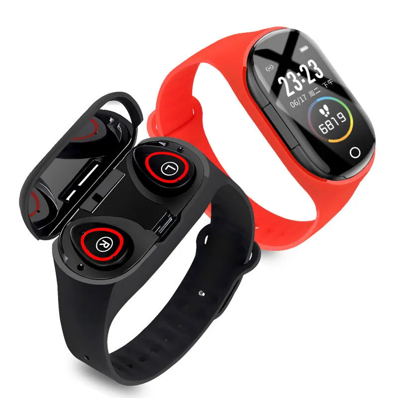 Smart bracelet and earphone combo device with silicone wristband in blue colour showing 1-inch touch screen