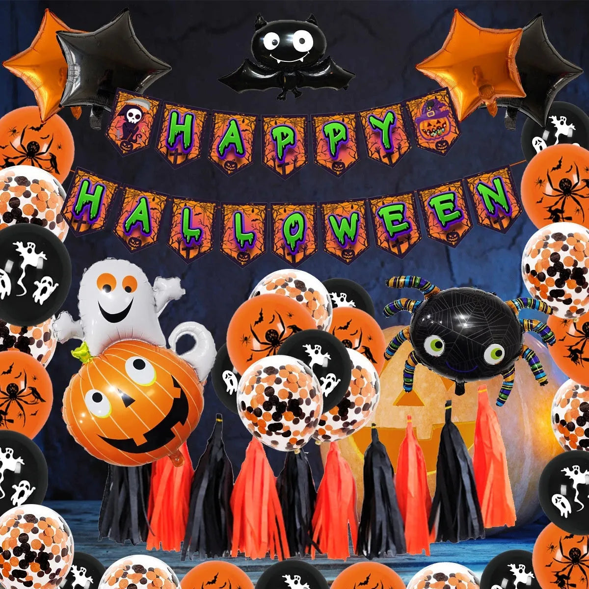 Halloween balloon combo set showing skull and pumpkin designs with a spider motif balloon arch in black and white.