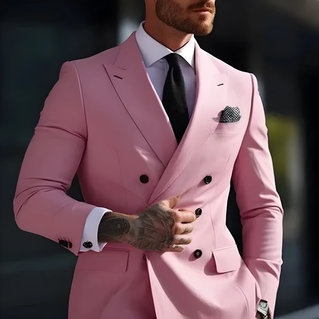 Men's grey Korean-style slim fit two-piece business suit on a hanger