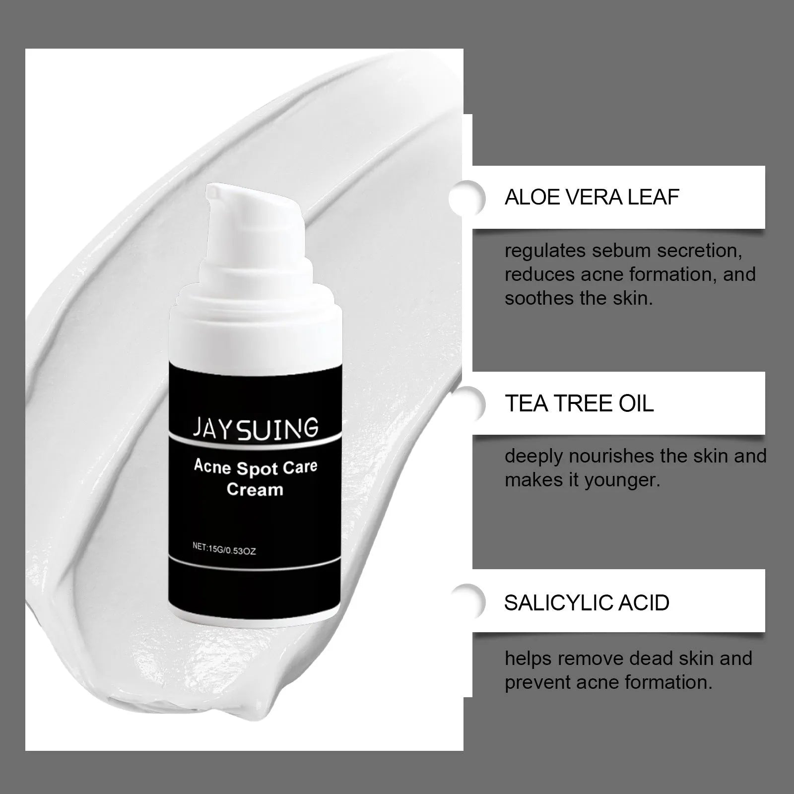 Acne cream tube 15g with mint leaf tea tree oil and aloe leaf ingredients
