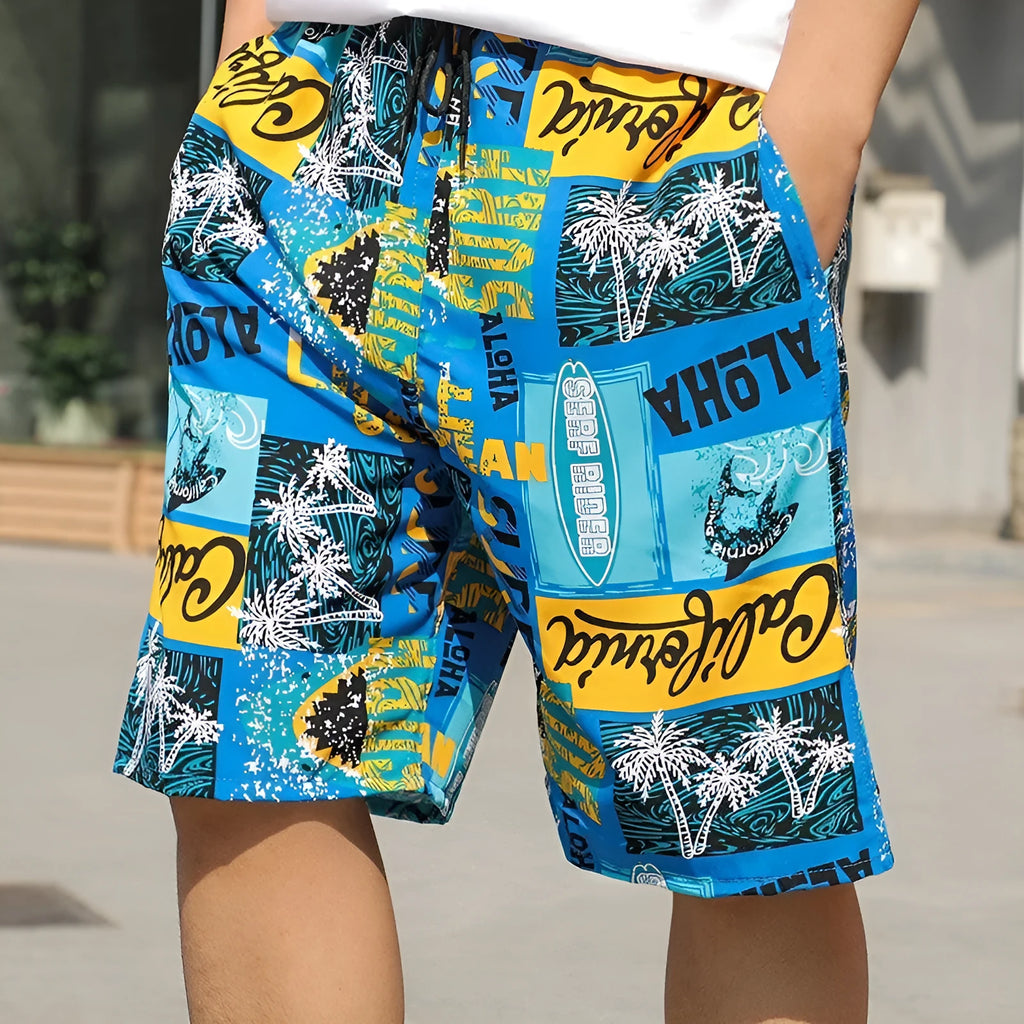 Men's loose casual summer beach pants with ice silk quick-dry fabric, striped and floral patterns, free size 55-95kg