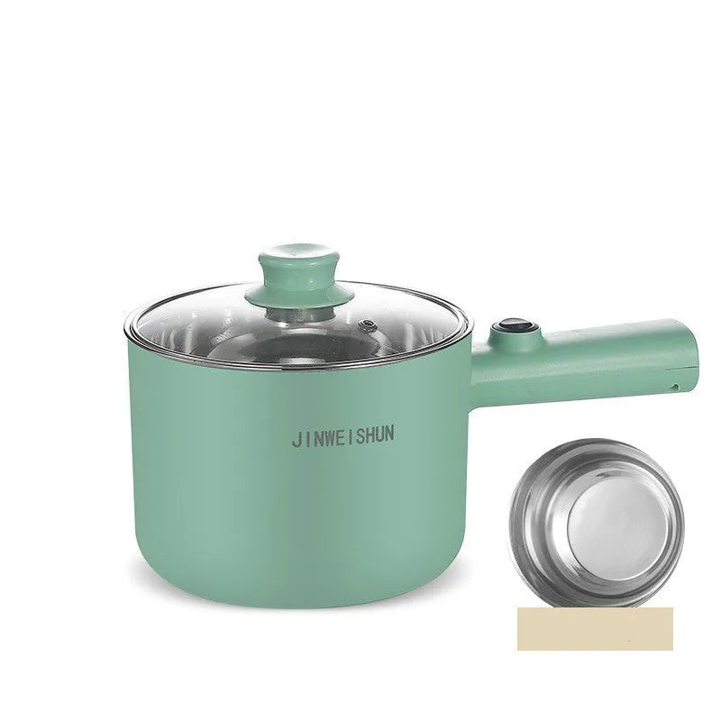 Mini hot pot electric cooker in green with stainless steel body, non-stick pot, and steam grid option for portable cooking