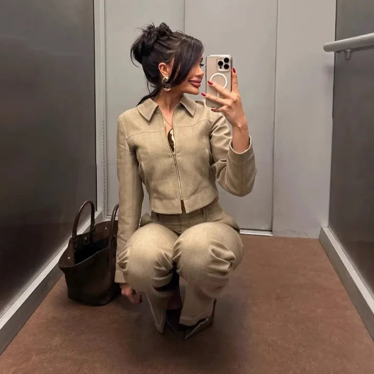 Women's summer casual suit with herringbone pattern embroidery on long sleeve coat and straight-leg trousers