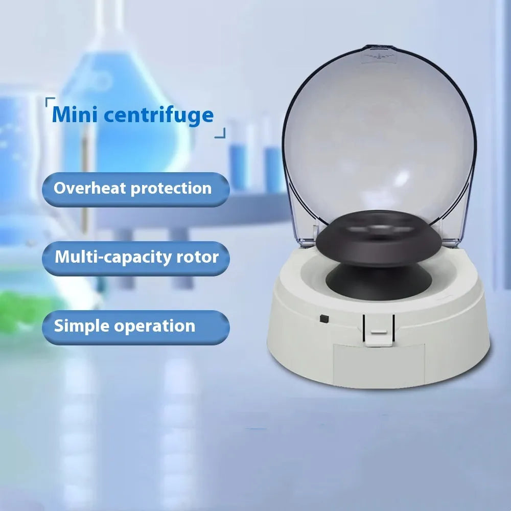 Small white mini laboratory benchtop centrifuge with closed lid, compact design