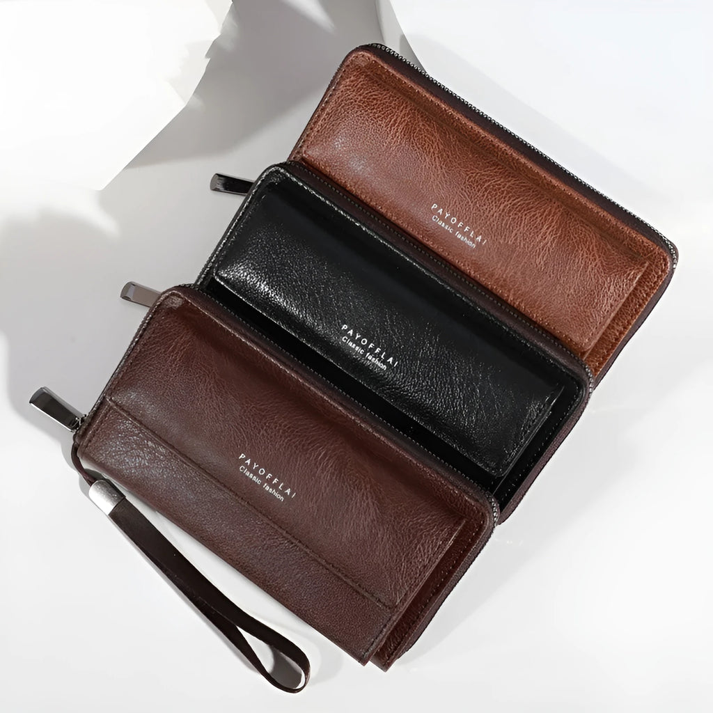 Men's black PU leather bi-fold wallet showing multiple card slots and compact 19cm design