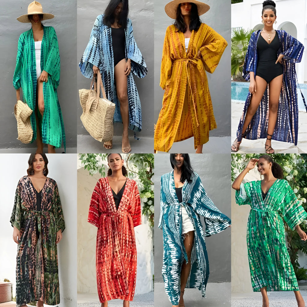 Loose cotton printed cover up shirt for beachwear shown in multiple colour options.