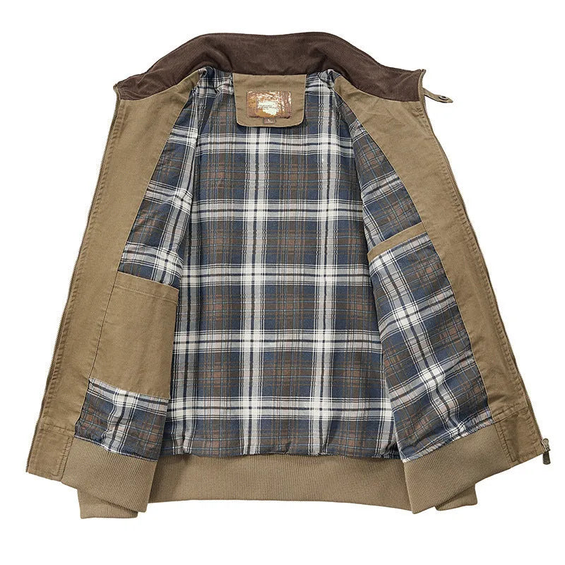 Men's camel washed cotton baseball jacket with a zip front and ribbed cuffs.