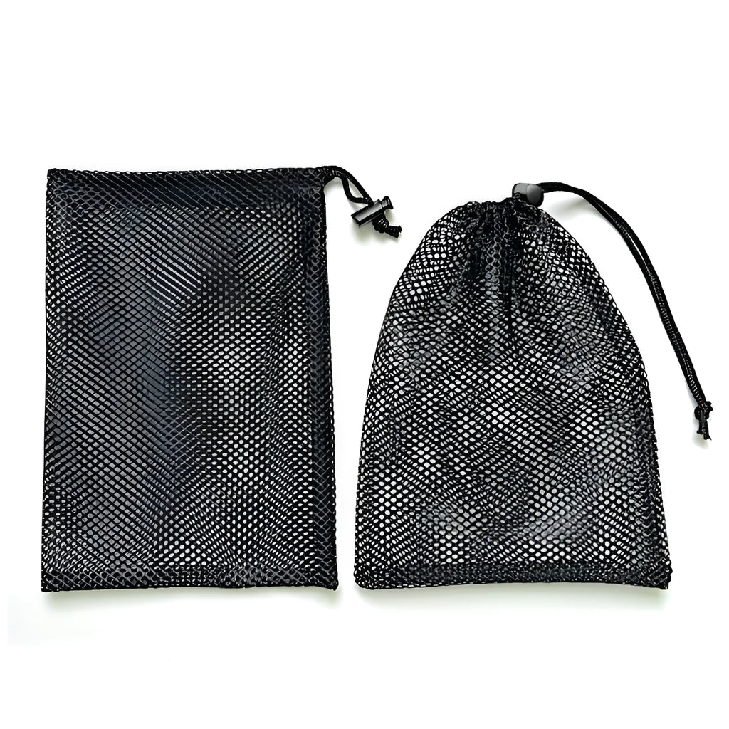 Black drawstring mesh storage bag for children's water balloons and outdoor toys.