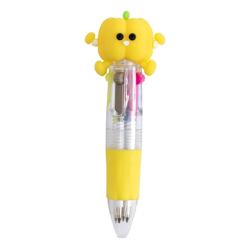 Cartoon-themed four-colour press ballpoint pen showing colour selection button and decorative designs