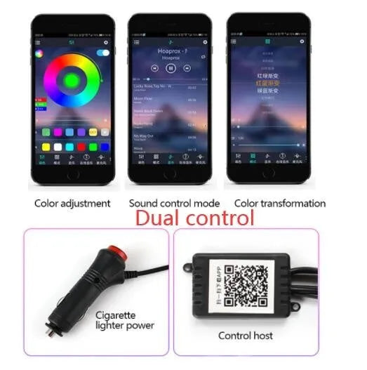 Car fibre optic ambient light kit with RGB colours, music sync, and app control installed on a car door panel