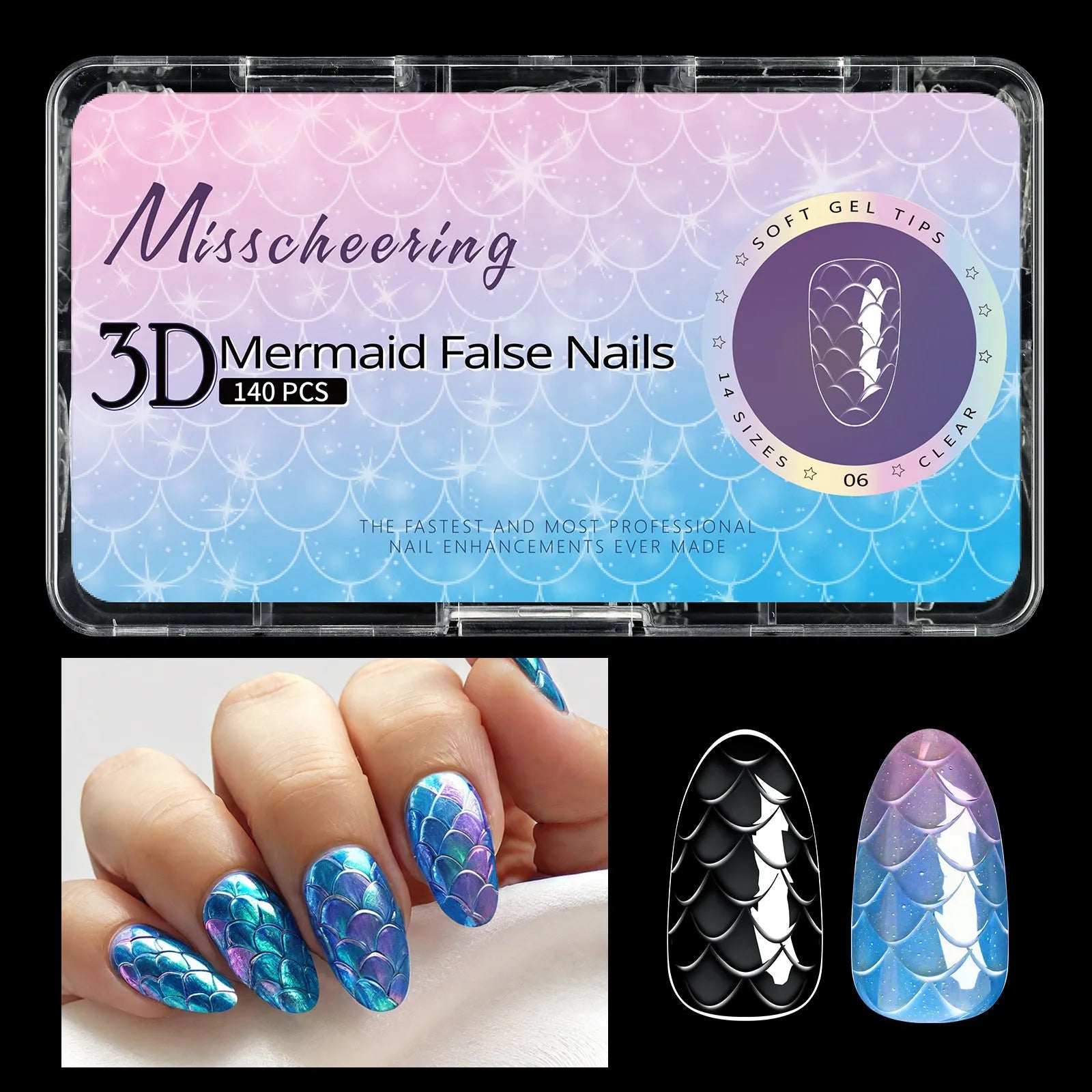 3D scale long shaping nail tips in Frigate box packaging with multiple colour options for nail extension use
