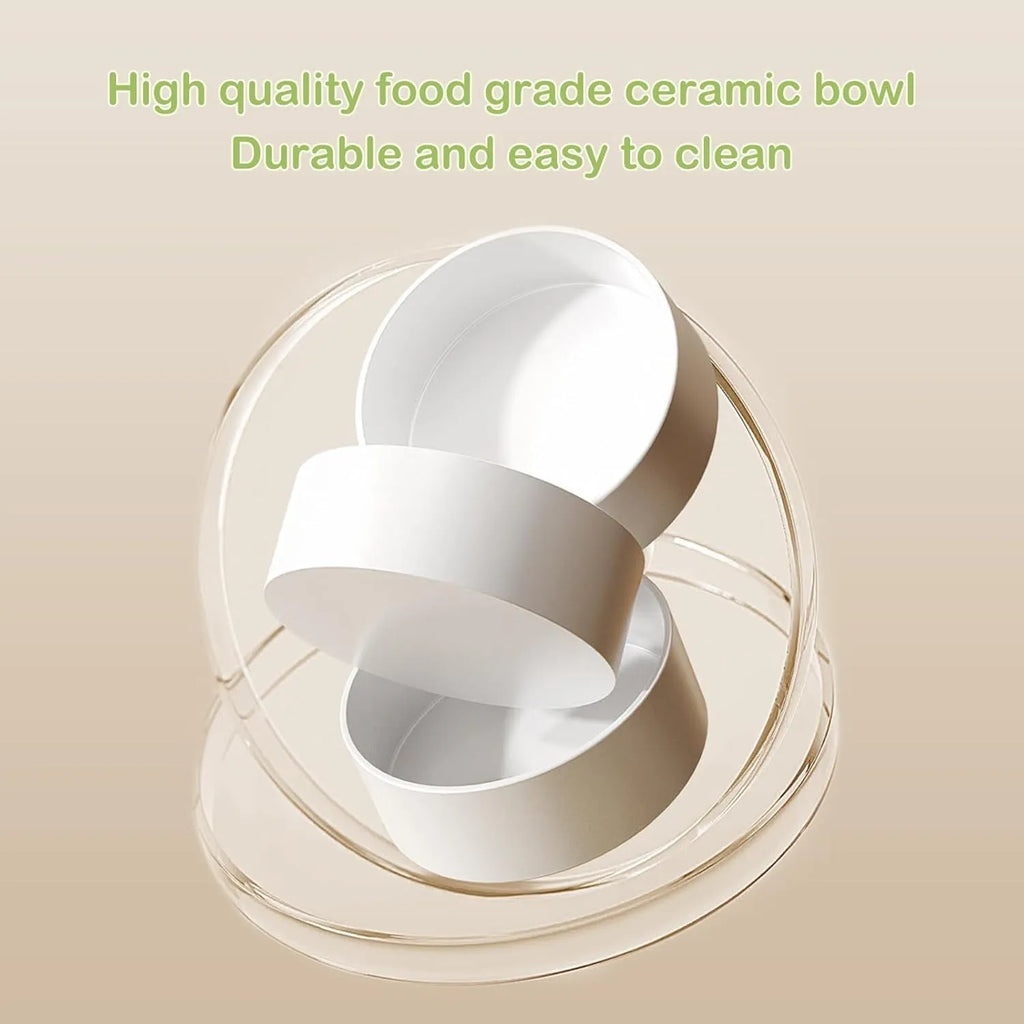 White ceramic elevated cat feeder with two bowls on a tilted stand.