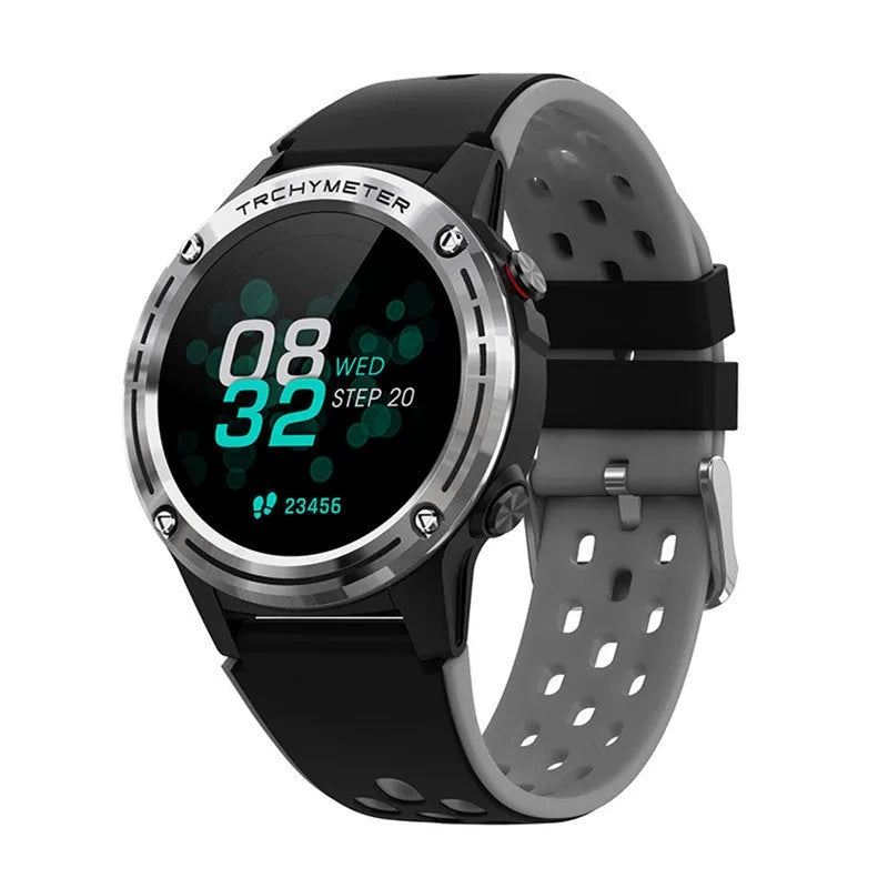 Blue silicone strap sports smart watch with 1.3 inch touch screen displaying activity metrics.