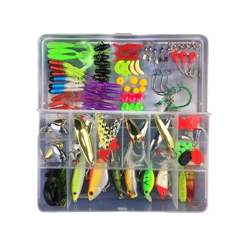 Fishing lure suit set showing soft plastic baits and Lei frog lures organised in PP tackle box