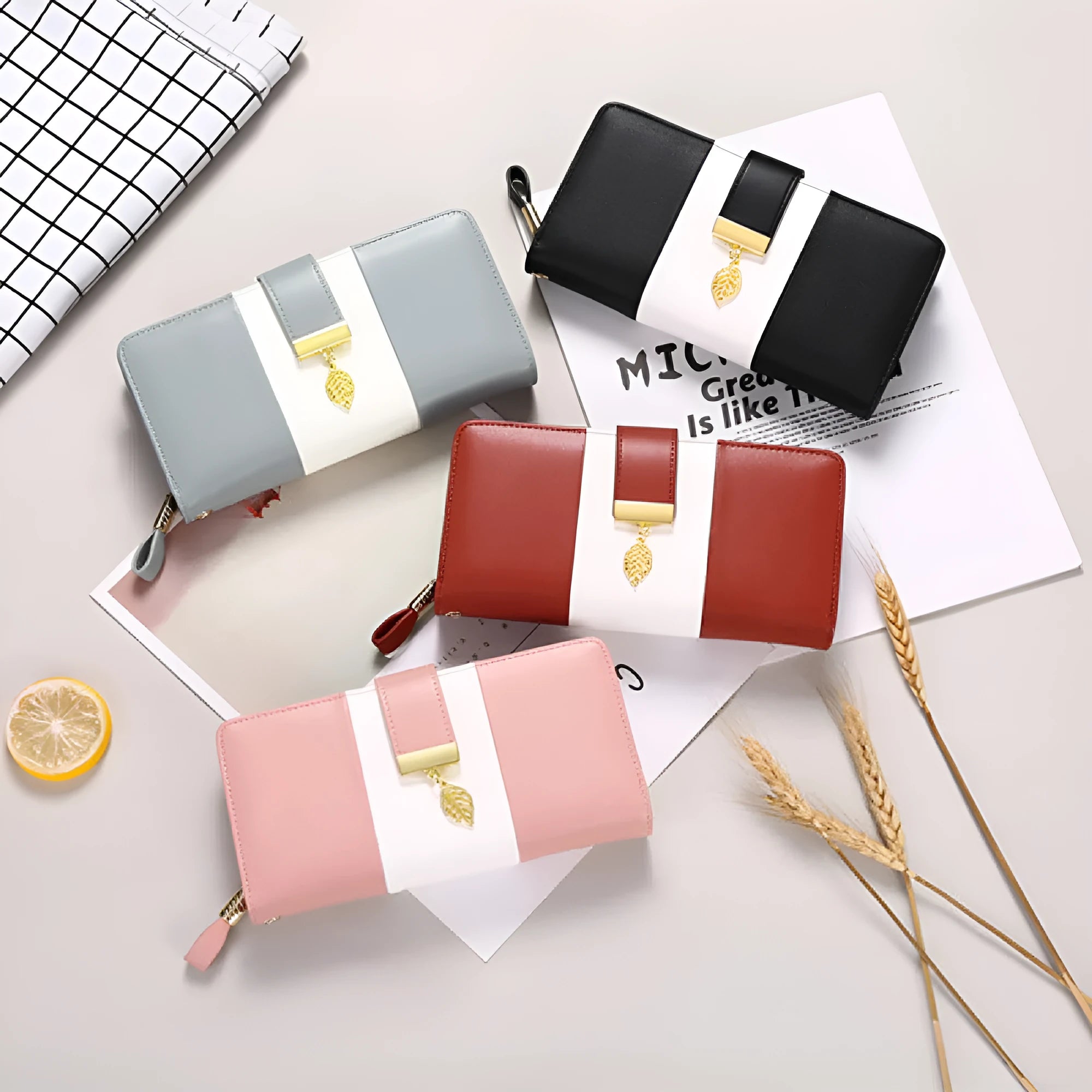 Anti-theft RFID clutch bag with locking clasp in black PU leather showing foldable design