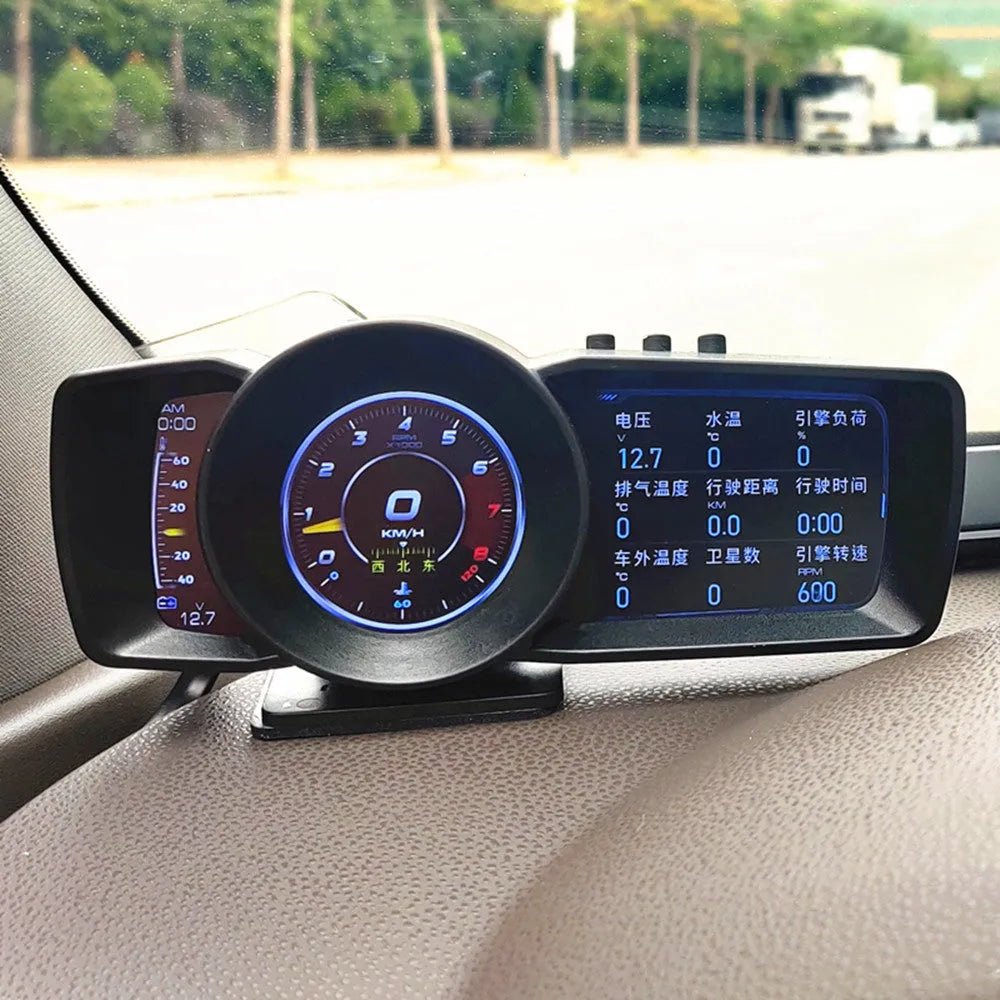 OBDII monitor driving computer with GPS BeiDou support showing multilingual interface options on TFT screen