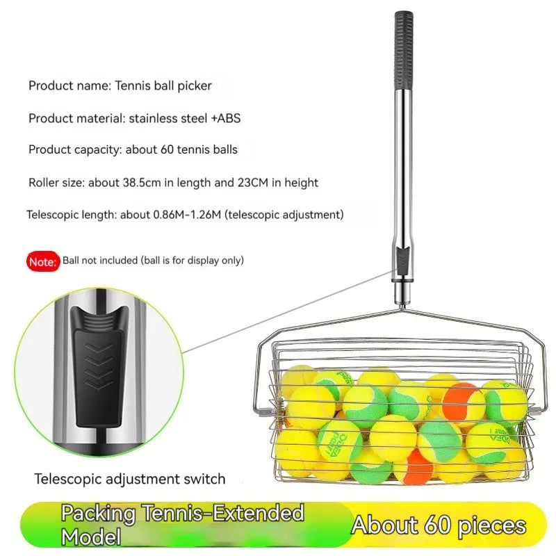 Stainless steel manual roller tennis ball picker on a court surface.