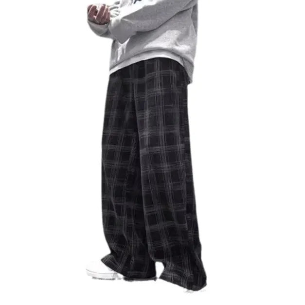Japanese retro loose plaid trousers, mid waist straight cut, available in black and green, sizes S to 3XL