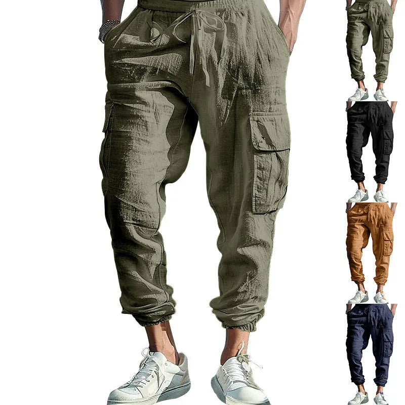Men's loose fit linen casual trousers with ankle-tied tether and multiple pockets in an earthy colour.