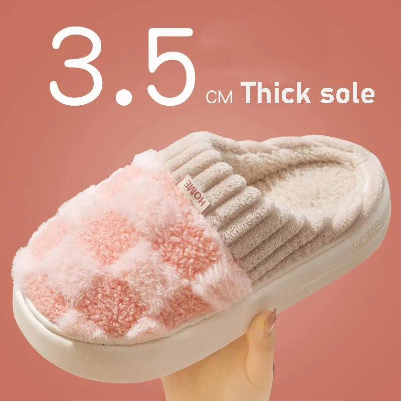 Women's plaid patterned plush slippers with non-slip sole in multiple colour options