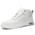 Men's white mid-top casual board shoes with a round toe and rubber sole.