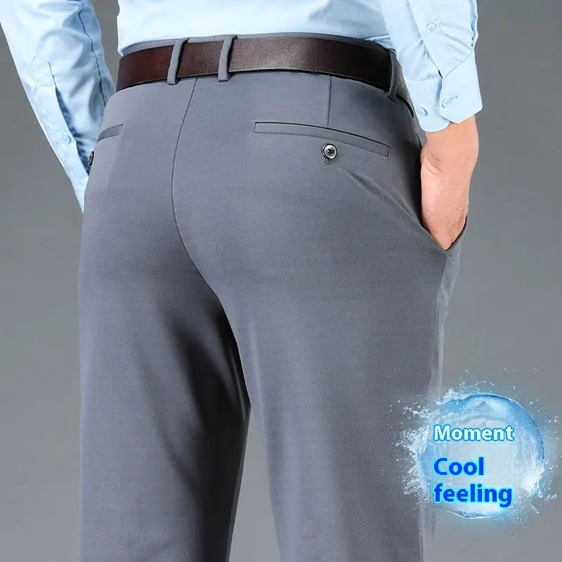 Men's plus-sized business casual straight-leg suit trousers in black, with zipper fly and elastic waist