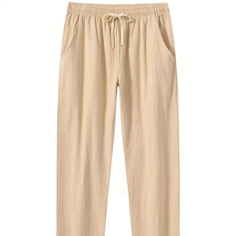 Men's cotton and linen loose beach trousers in solid khaki colour