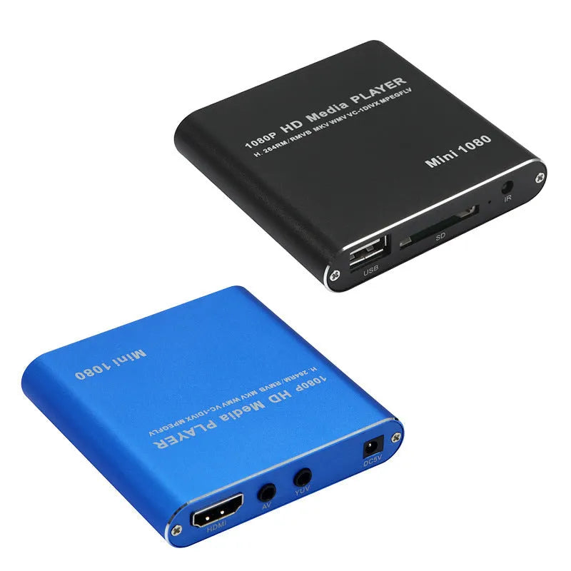 Compact blue or black all-metal 1080p Full HD media player with remote control