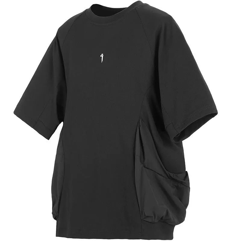 Men's loose casual T-shirt with big pockets round neck short sleeve in black