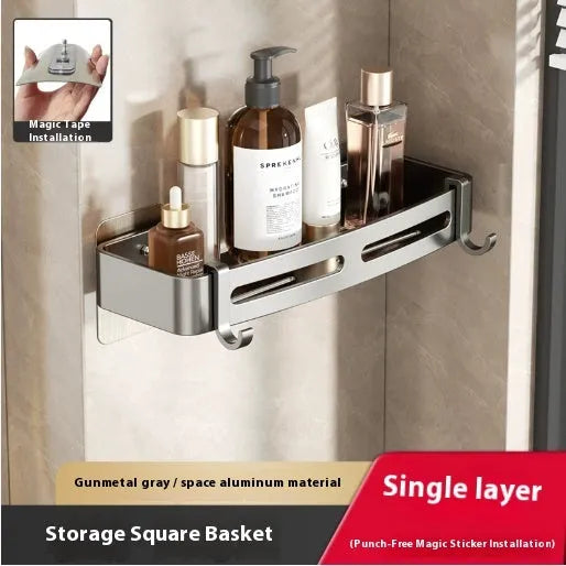 Gun gray triangle wall-mounted bathroom rack with rod, fan-shaped corner design, 15kg load capacity