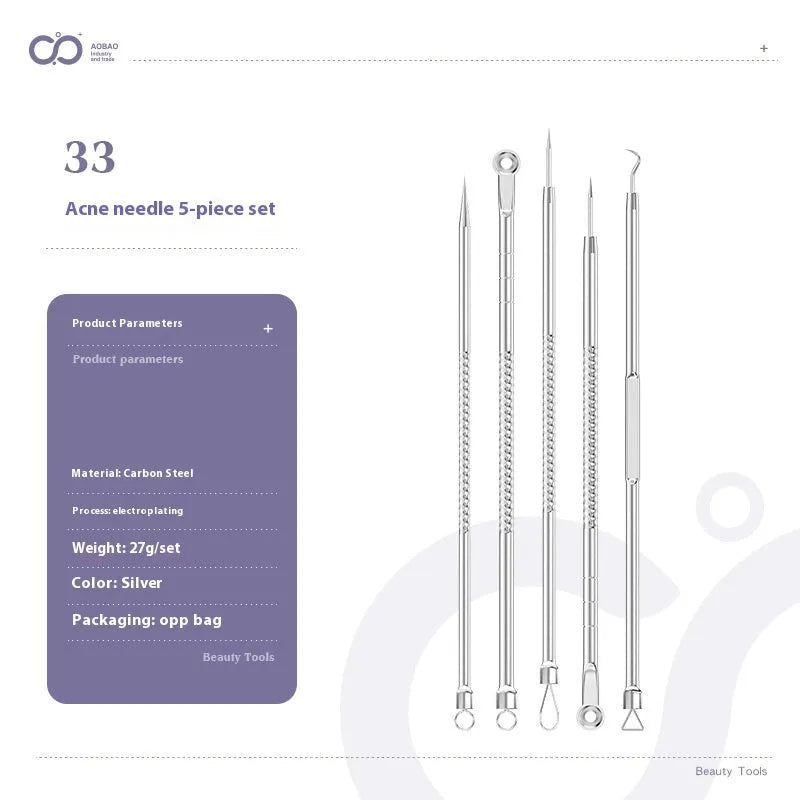 Four silver metal acne needles with ultra-fine points for blackhead removal.