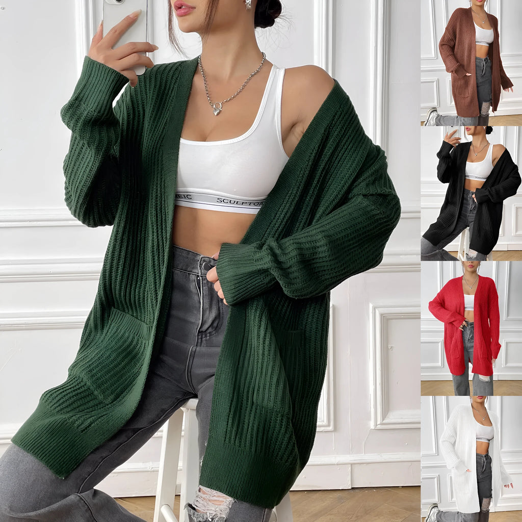 Women's dark green acrylic cardigan with two pockets and long sleeves.