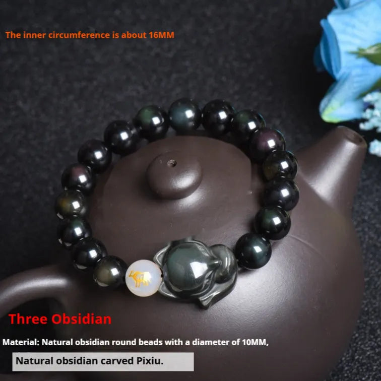 Natural obsidian bracelet zodiac guardian with 10mm beads in gold obsidian finish