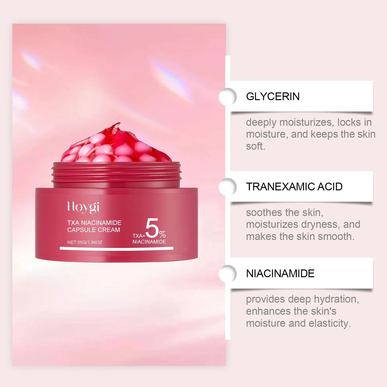 55g jar of easy absorb nourishing moisturising cream with gel and white balls, containing tranexamic acid and nicotinamide