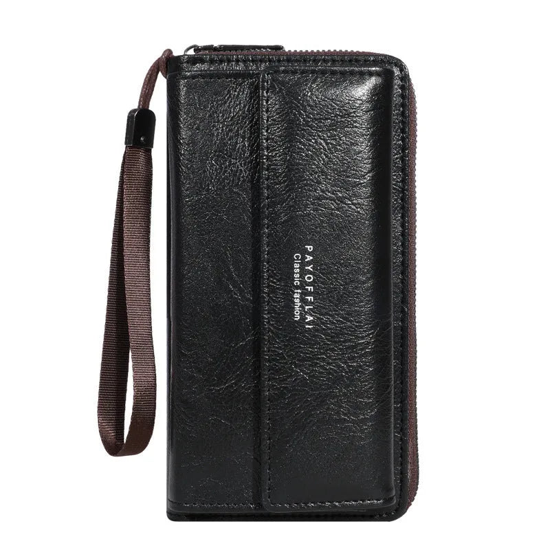 Men's black PU leather bi-fold wallet showing multiple card slots and compact 19cm design