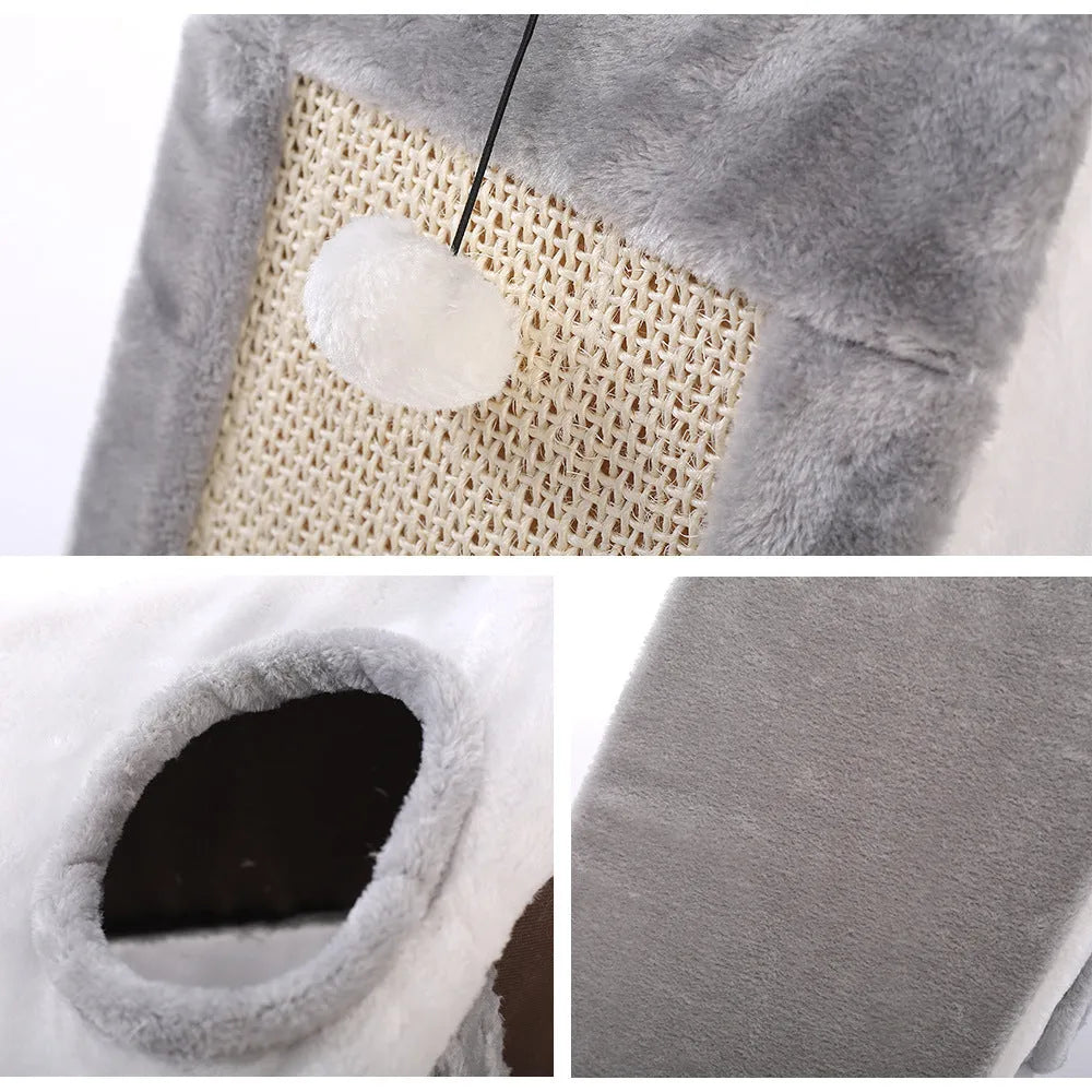 Triangular cat nest bed with sisal scratching posts in grey and white colour.