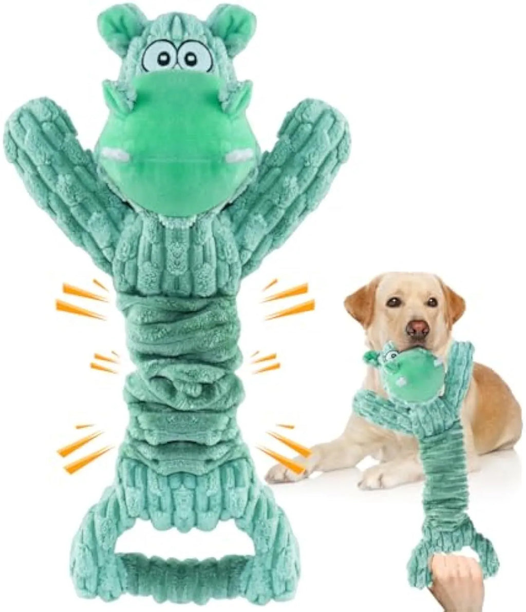 Large plush dog toy in Hippo or Monkey design with a handle for tug-of-war.