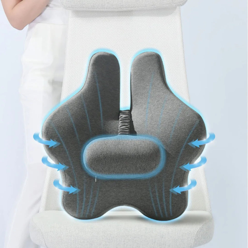 Grey adjustable memory foam car lumbar support cushion on a car seat, 50x47x9cm