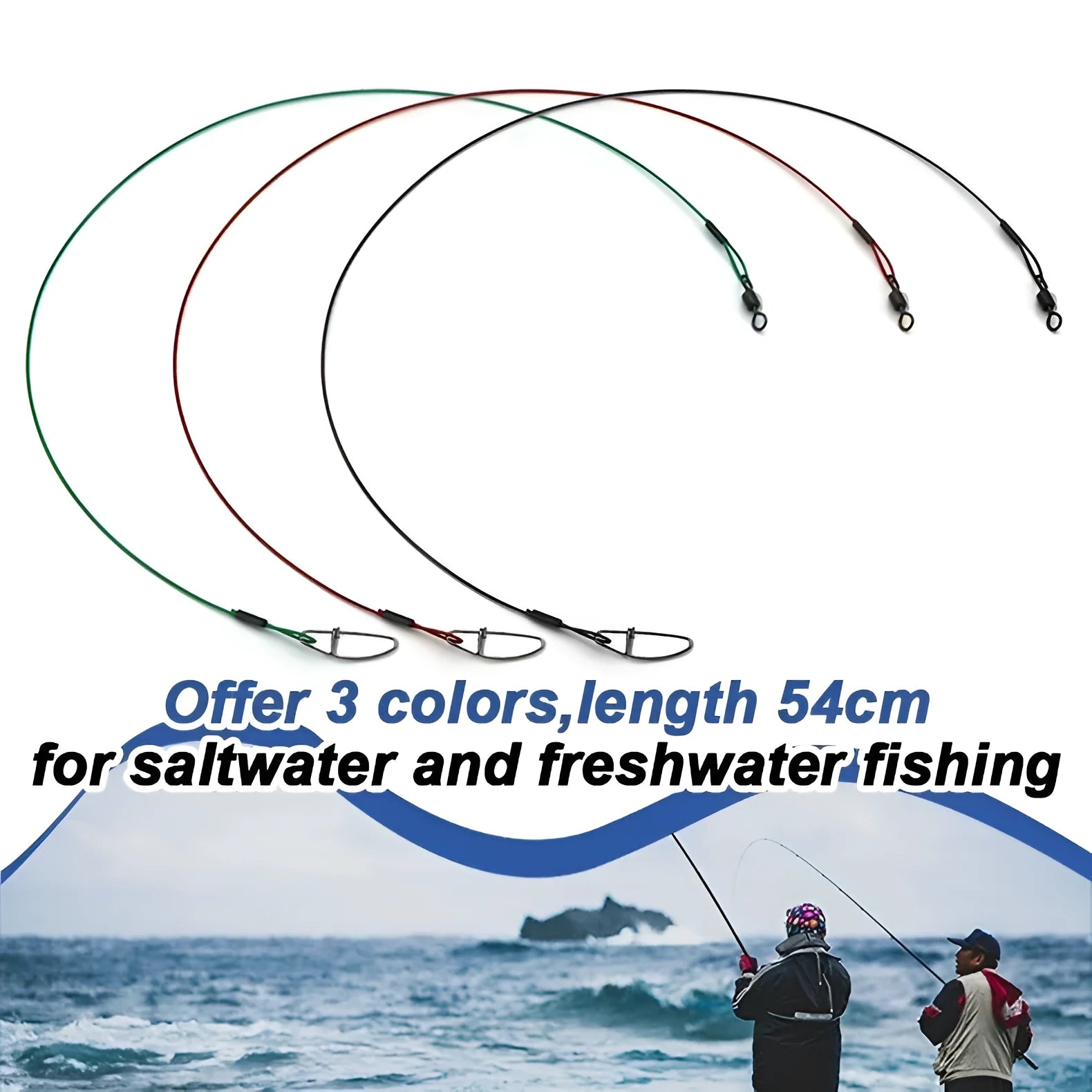Set of 10 steel wire double buckle fishing pins in green, black and red colours