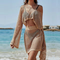 Khaki bell sleeve top and skirt set with hollow embroidery design for women