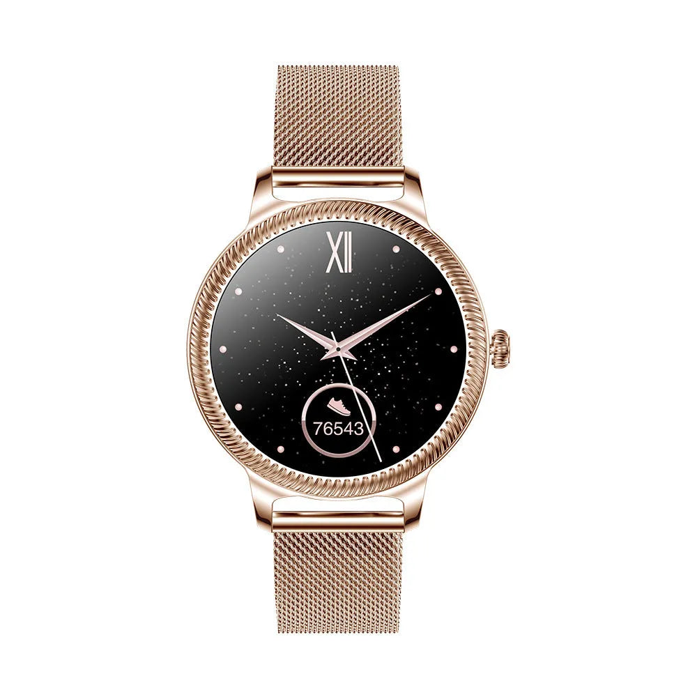 AK38 Ladies Smart Watch with metallic stainless steel band on a wrist, showing its 1.09-inch colour screen.