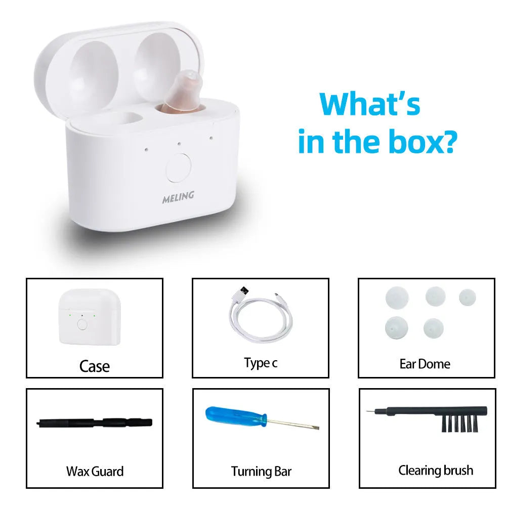 Rechargeable hearing aids with magnetic charging case in beige, red and blue