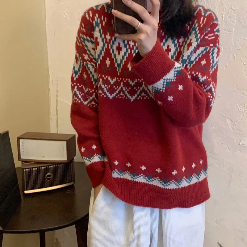 Loose striped pullover knitted top in red or white polyester fabric