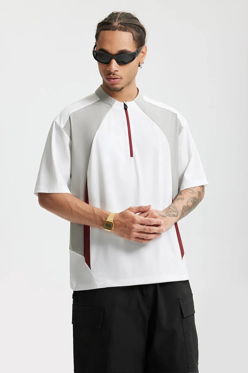 Men's solid colour lightweight polyester top in black, showing stitching detail on chest.