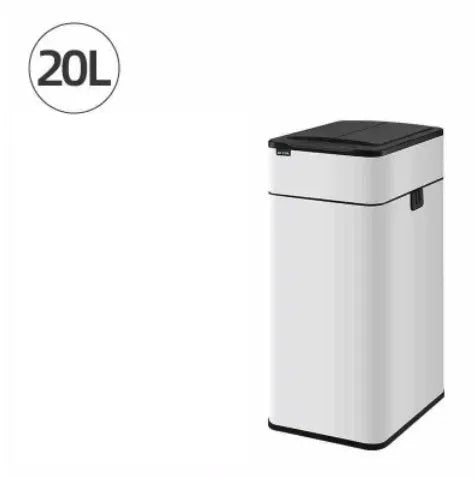 Stainless steel smart inductive trash can with automatic lid and square bucket design.